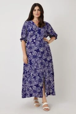 Wallis Curve Navy Floral Flute Sleeve Tea Dress