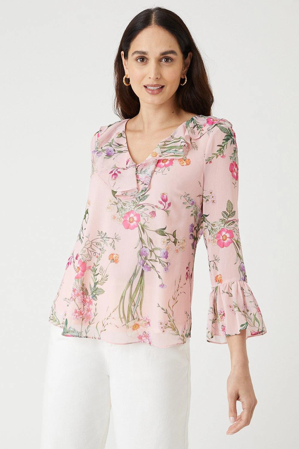 Wallis Blush Floral Ruffle Sleeve Top