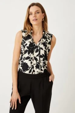 Wallis Mono Stencil Floral Sleeveless Shell Top