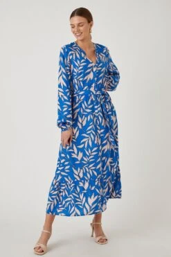 Wallis Blue Leaf Print Button Through Tiered Midi Dress