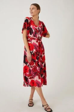 Wallis Red Floral Tie Waist Midi Dress