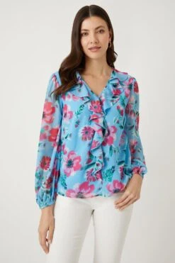 Wallis Blue Floral Ruffle Front Blouse