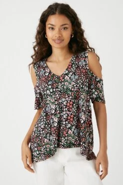 Wallis Petite Multi Ditsy Jersey Cold Shoulder Top