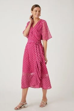 Wallis Tall Magenta Spot Flutter Sleeve Wrap Dress