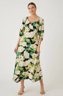 Wallis Black Leaf Ruched Detail Midi Dress