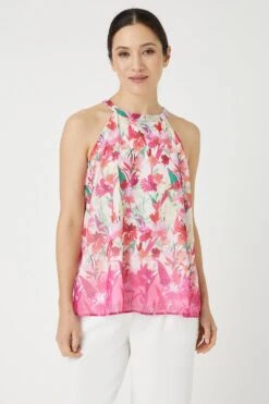 Wallis Pink Floral Border Halter Neck Top