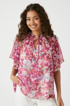 Wallis Petite Pink Abstract Flute Sleeve Top