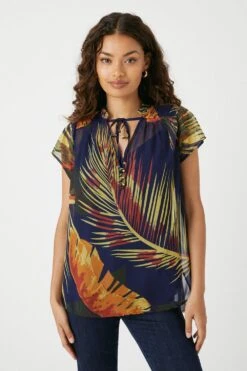 Wallis Petite Blue Palm Tie Neck Top