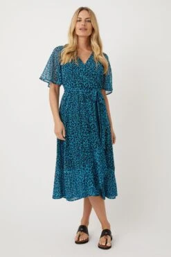 Wallis Petite Aqua Animal Midi Wrap Dress
