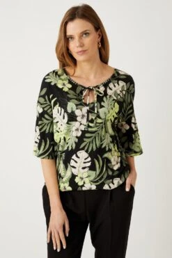 Wallis Black Tropical Bubble Hem Top