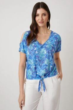 Wallis Blue Palm Cold Shoulder Jersey Top