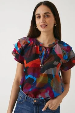 Wallis Tall Pink Abstract Ruffle Top