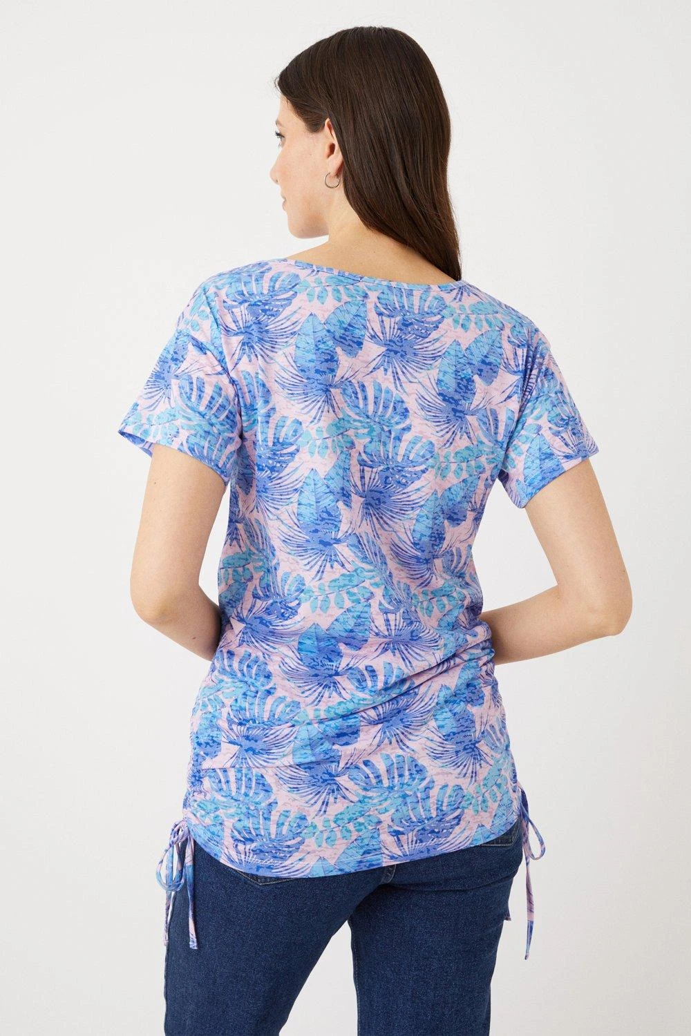 Wallis Blue Palm Ruched Side Detail Jersey Top - Image 3