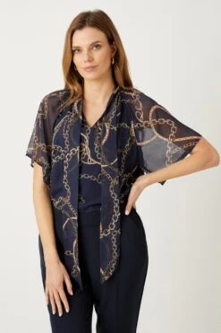 Wallis Navy Chain Tie Neck Blouse