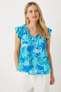 Wallis Petite Aqua Paisley Tie Neck Top