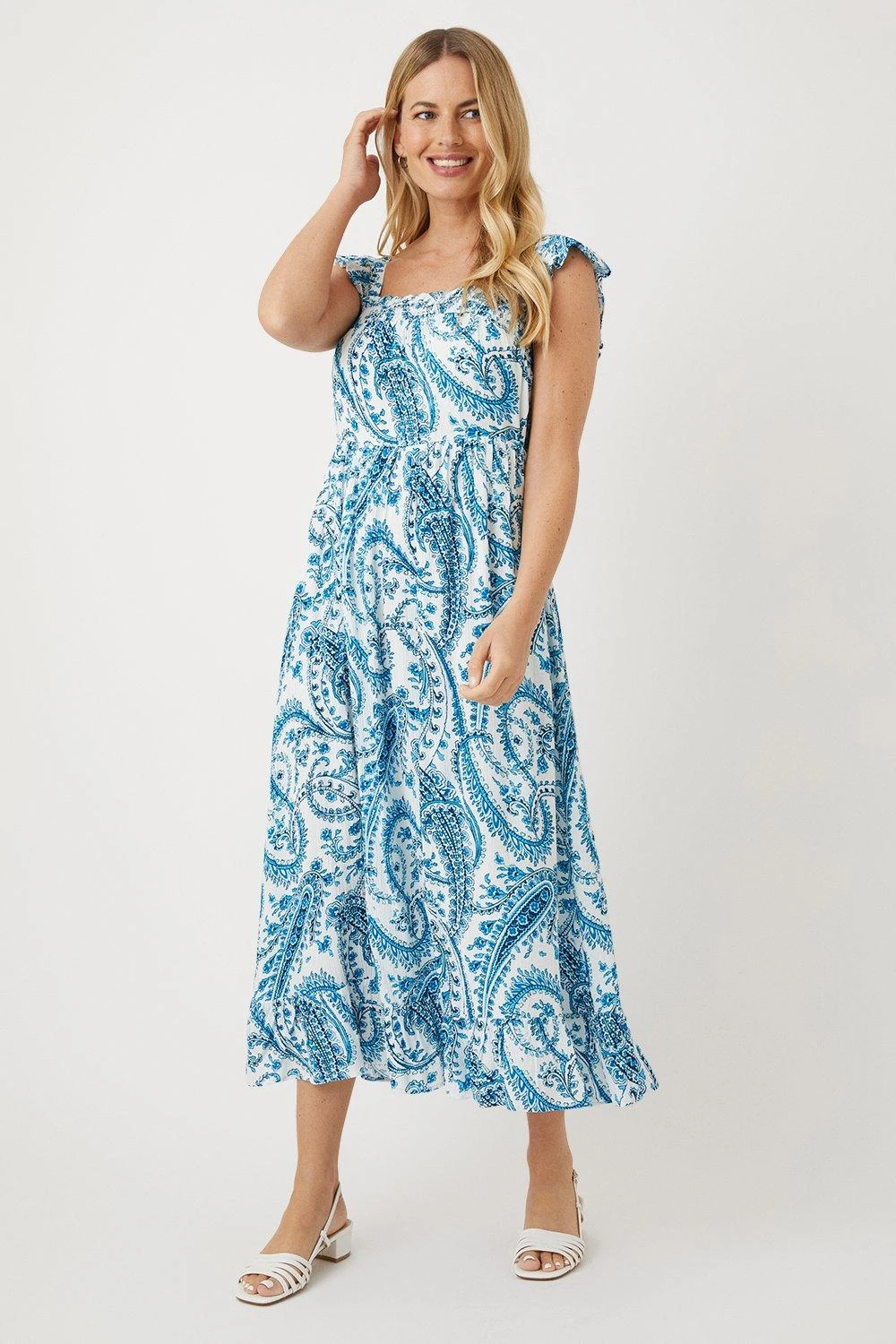 Wallis Petite Blue Paisley Midi Shirred Sundress