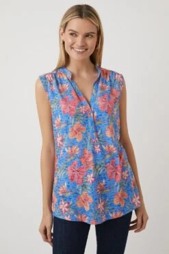 Wallis Tall Navy Tropical Sleeveless Shirt