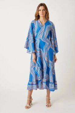 Wallis Blue Geo Frill Detail Wrap Maxi Dress