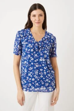 Wallis Blue Floral Short Sleeve Woven Frill Top