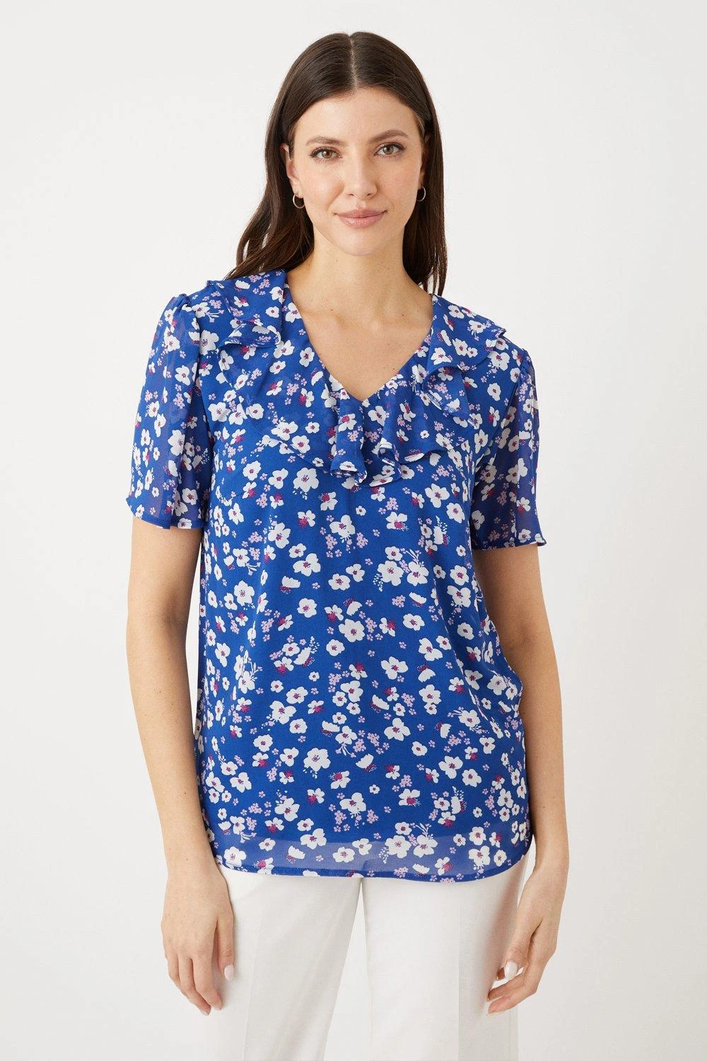 Wallis Blue Floral Short Sleeve Woven Frill Top