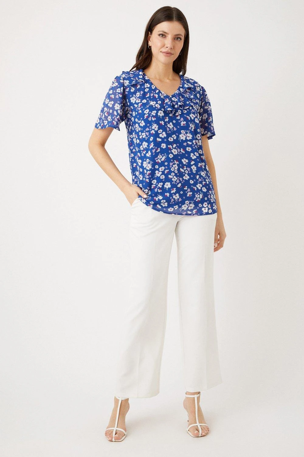 Wallis Blue Floral Short Sleeve Woven Frill Top - Image 2