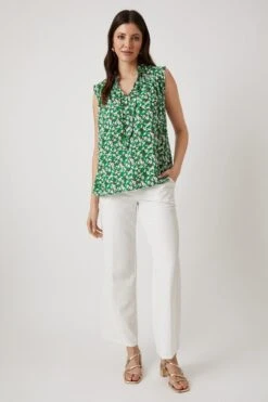 Wallis Green Ditsy Floral Sleeveless Tie Neck Top
