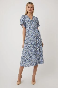Wallis Navy Ditsy Floral Button Through Midi Dress