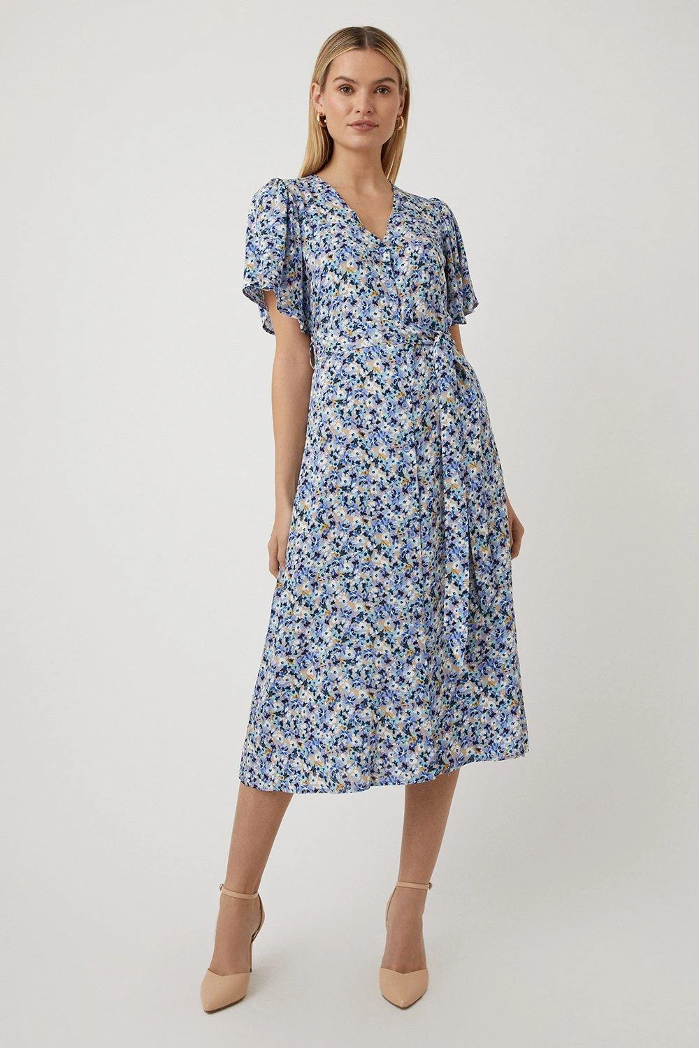 Wallis Navy Ditsy Floral Button Through Midi Dress