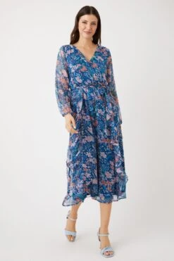 Wallis Blue Ditsy Floral Frill Wrap Front Midi Dress