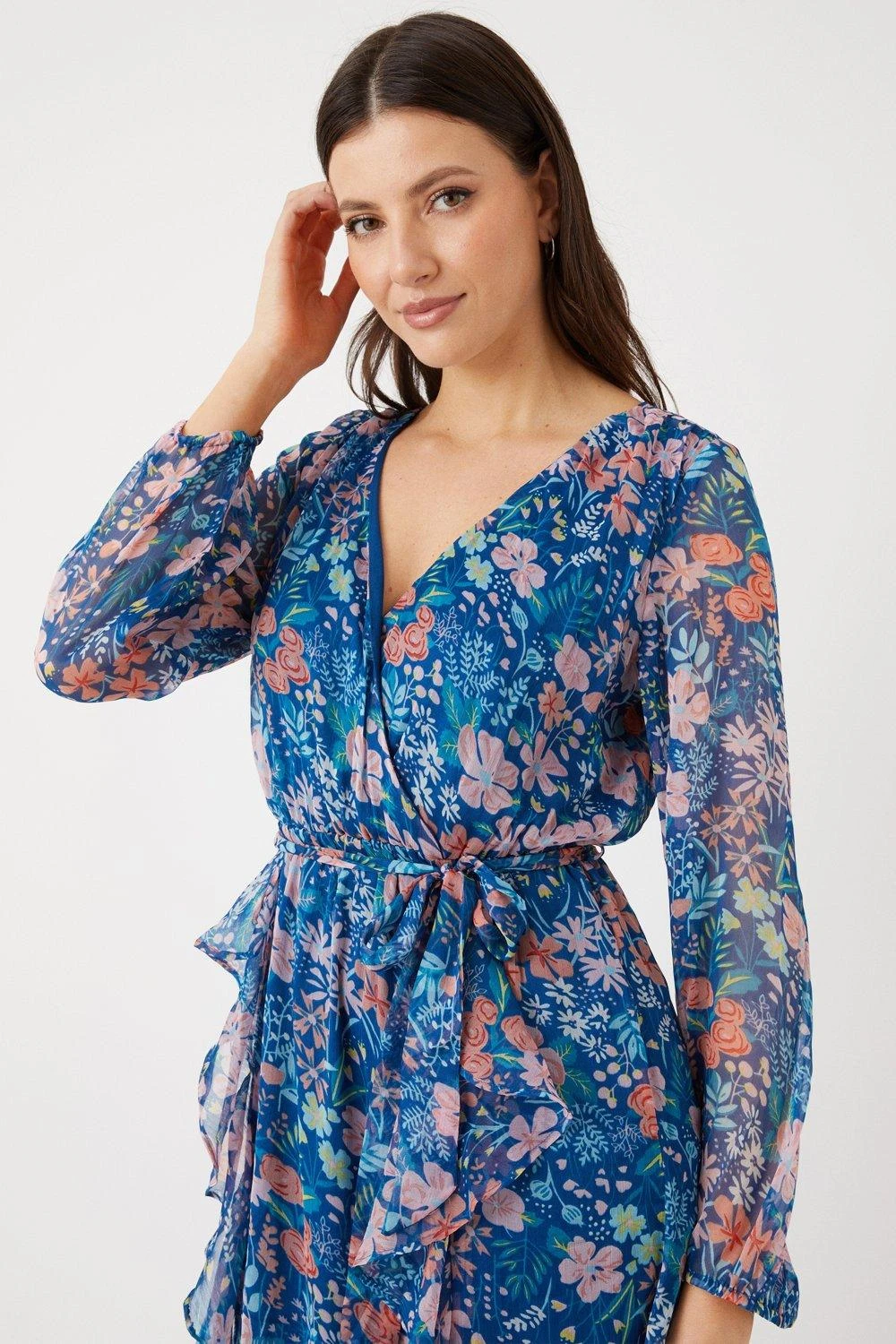 Wallis Blue Ditsy Floral Frill Wrap Front Midi Dress - Image 2