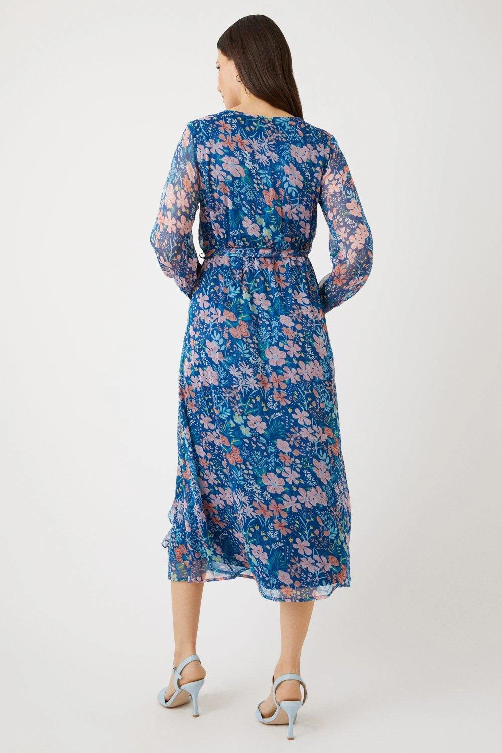 Wallis Blue Ditsy Floral Frill Wrap Front Midi Dress - Image 3