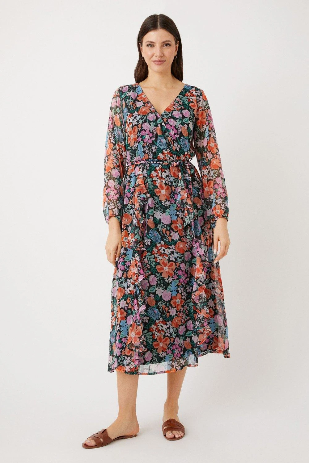 Wallis Black Floral Frill Wrap Front Midi Dress