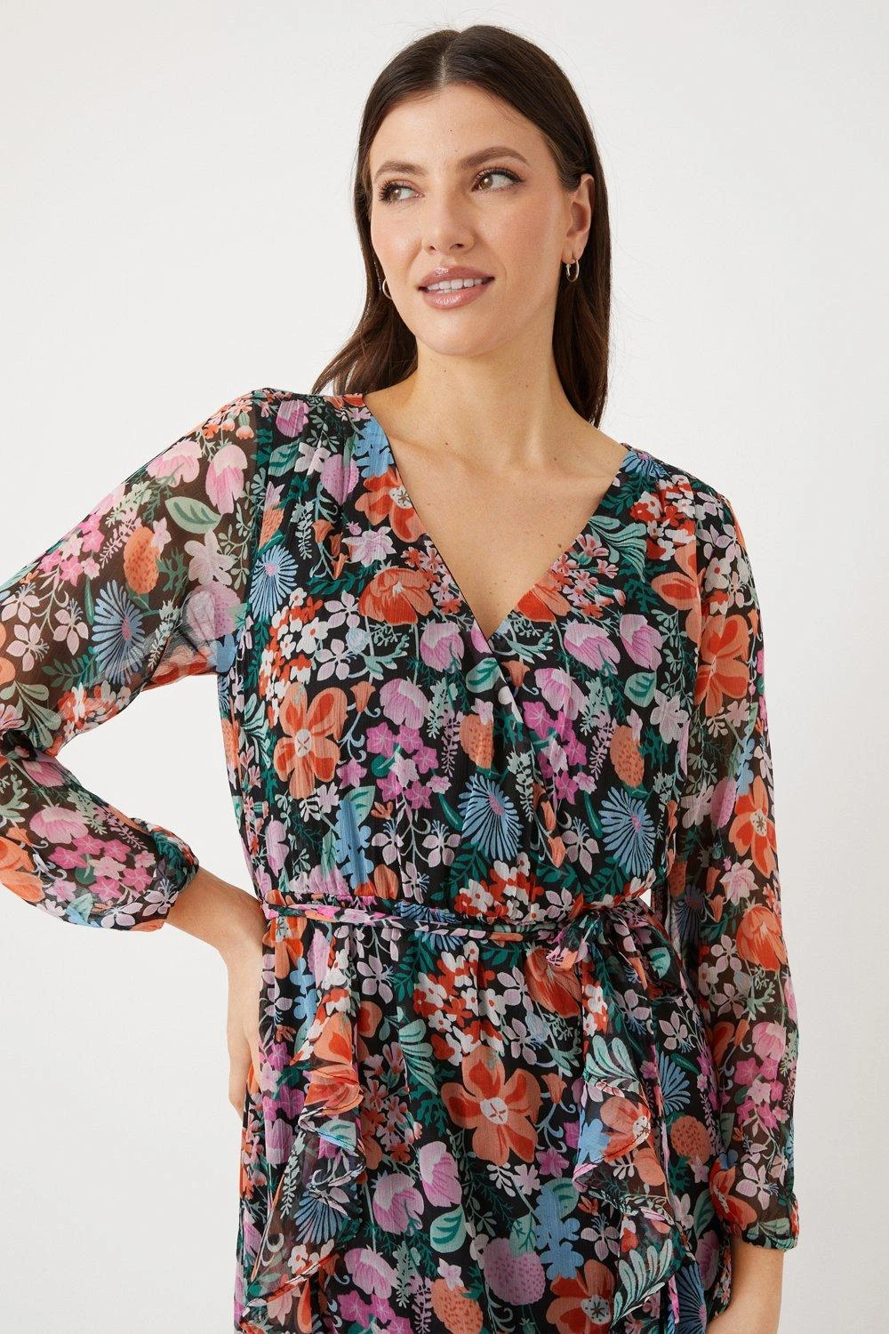 Wallis Black Floral Frill Wrap Front Midi Dress - Image 2