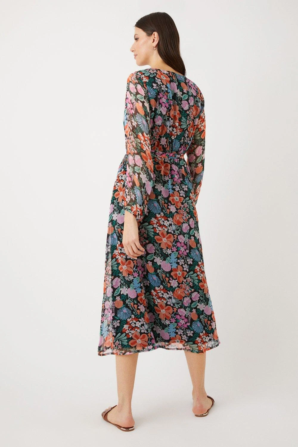 Wallis Black Floral Frill Wrap Front Midi Dress - Image 3