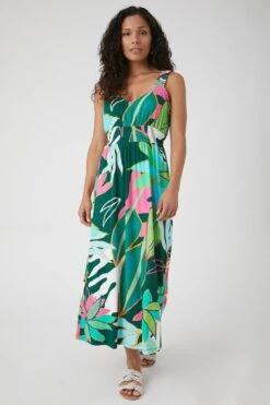 Wallis Petite Green Tropical Ruched Jersey Midi Dress