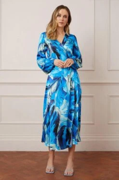 Wallis Tall Feather Print Satin Wrap Midi Dress