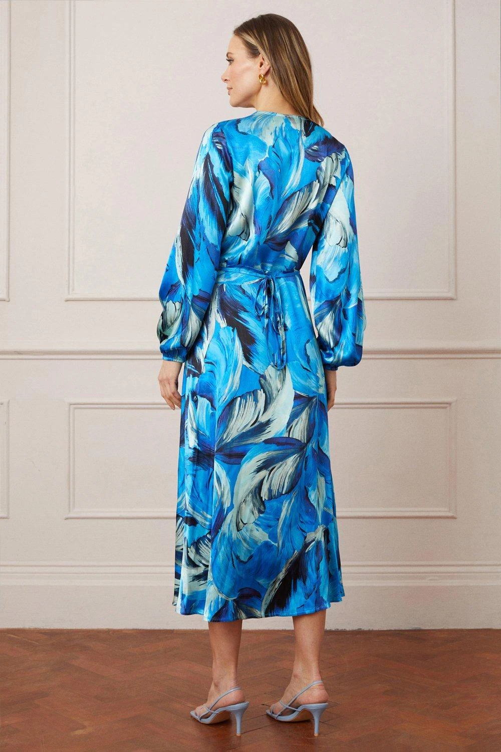 Wallis Tall Feather Print Satin Wrap Midi Dress - Image 3
