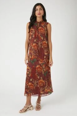 Wallis Burnt Orange Floral Shirred Detail Midi Dress