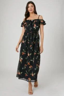 Wallis Chiffon Floral Print Bardot Maxi Dress
