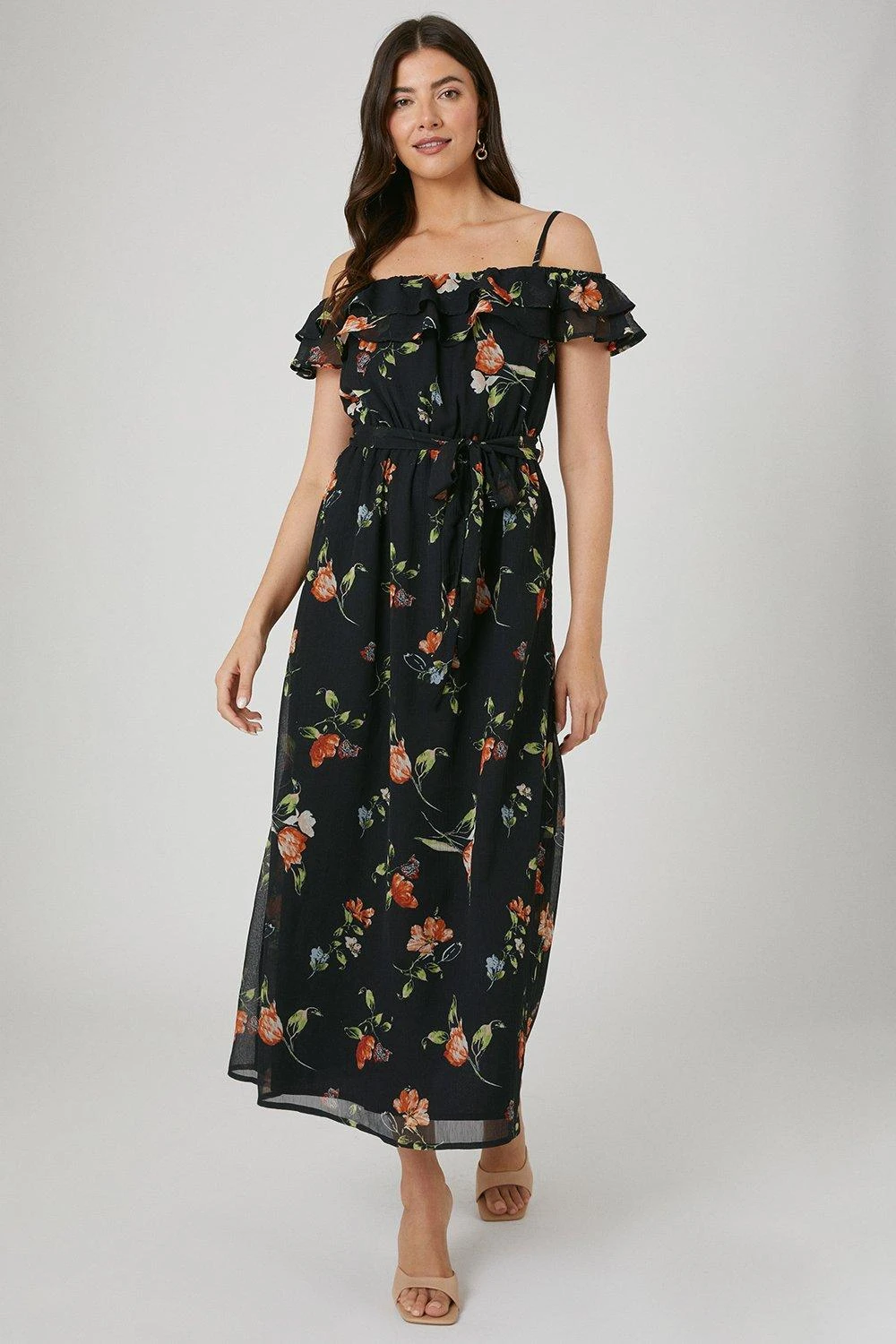 Wallis Chiffon Floral Print Bardot Maxi Dress