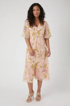 Wallis Petite Pink Floral Button Detail Midi Tea Dress