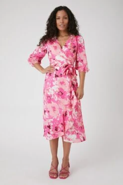Wallis Petite Pink Abstract Floral Textured Wrap Frill Midi Dress