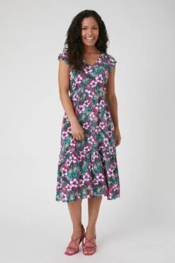 Wallis Petite Pink Tropical Tiered Viscose Midi Dress
