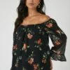 Wallis Black Floral Flute Sleeve Bardot Top