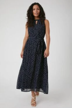 Wallis Petite Navy Spot Notch Neck Midi Dress